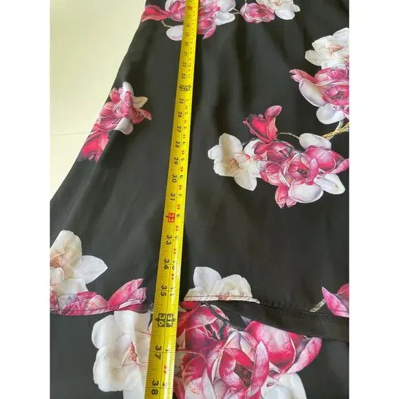 Venus Hi-Low Dress Sz 18 V-Neck Black Pink Floral Liner Bell Cut Out Sleeves - Picture 13 of 15